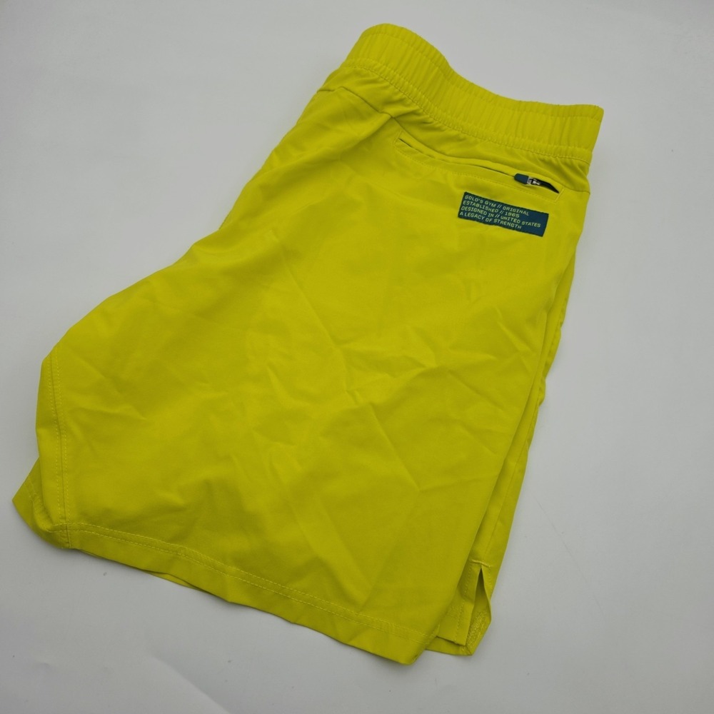 Gold's Gym Men's 2XL Neon Yellow Shorts Zip‎ Pockets Logo Drawstring Stretch